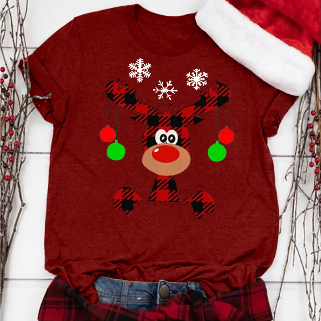 

Women Cartton ELk Print T Shirt For 2020 Xmas New Year Women's Christmas Letter Printed O Neck Short Sleeve T-shirts Tshirt New