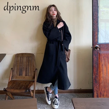 

Plus Size Loose Warm Wool Blends Long Winter Coat Turn-down Collar Adjustable Belt Wool Coats Women Office Work Wear Elegant#J30