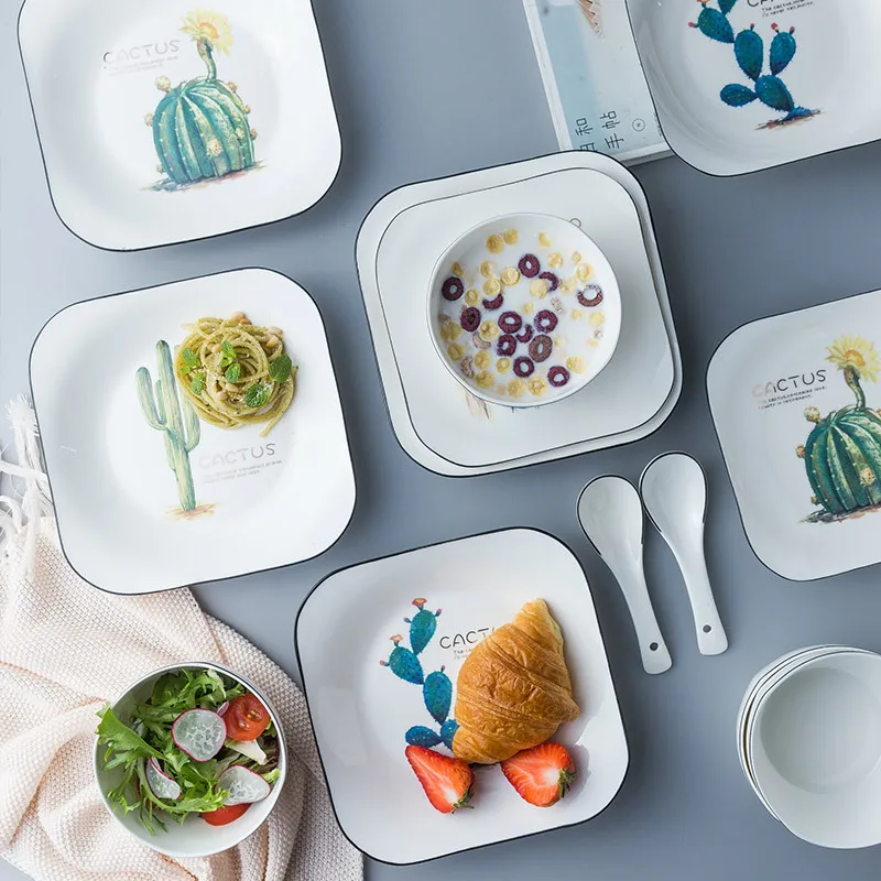 Creative Household Square Ceramic Plate Simple Creative Household Plate Heated Textured Cactus Square Plate