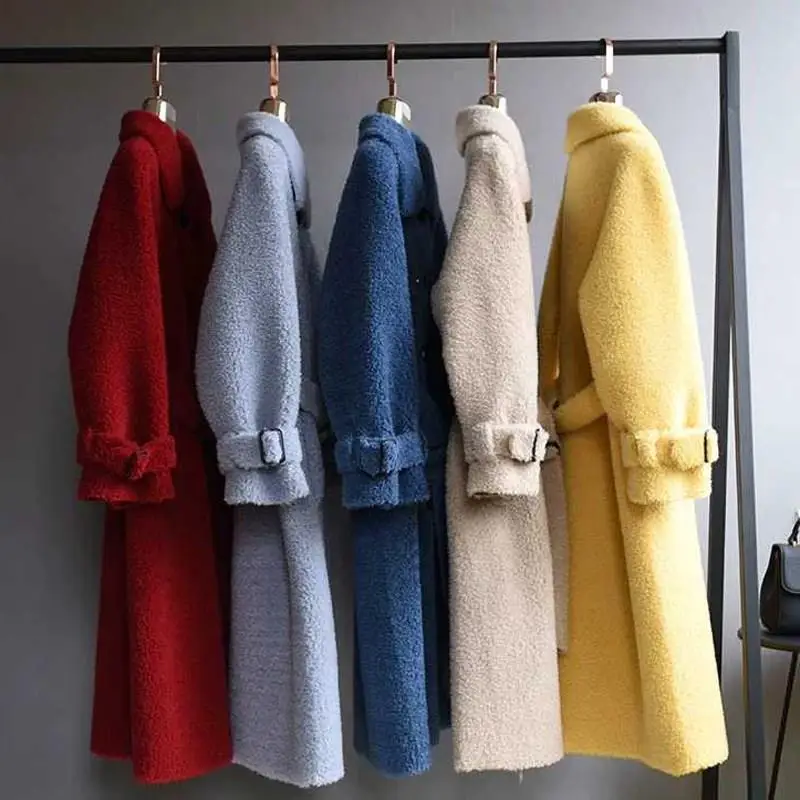 Корейские женские зимние теплые куртки из искусственного меха, карманы, отложной воротник, натуральная овчина, длинные шерстяные пальто, плюшевые толстые куртки