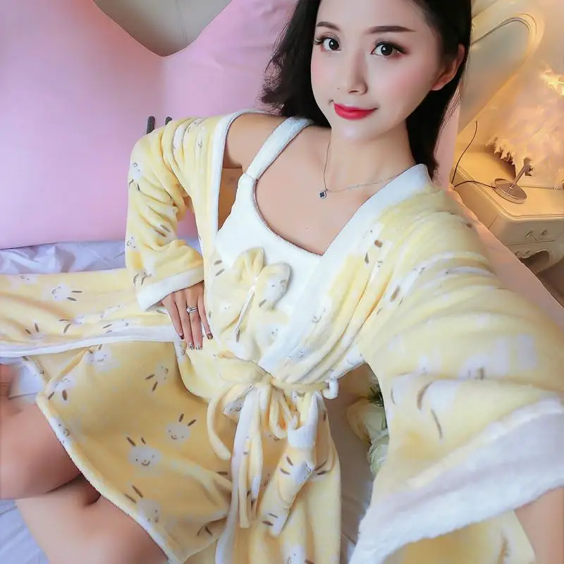 2PCS Sleep Set Lady Robe Suit Bathrobe Cute Winter Soft Nightwear Thick Bow Sleepwear Nightgown Flannel Home Clothing Nightdress - Цвет: Style D