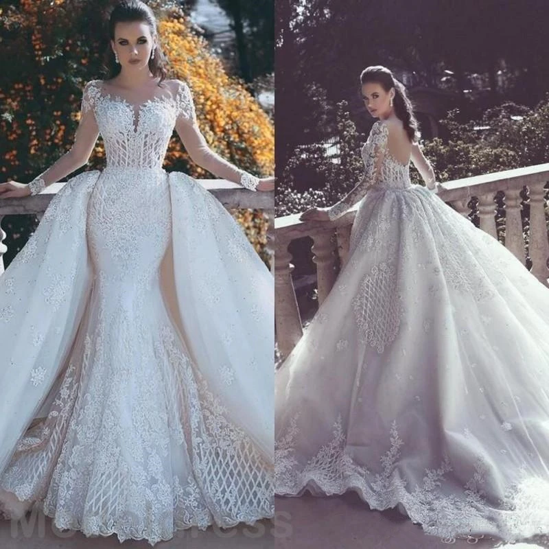 

African Mermaid Wedding Dresses 2019 Off Shoulder Lace Appliques Beaded Open Back Tulle Detachable Train Formal Bridal Gowns