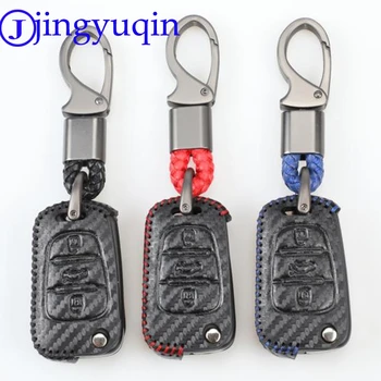 

jingyuqin Leather 3B Remote Flip Key Case For Kia Rio Sportage Soul ceed Fit HYUNDAI i30 Verna Veloster i35 Carbon Fiber Cover