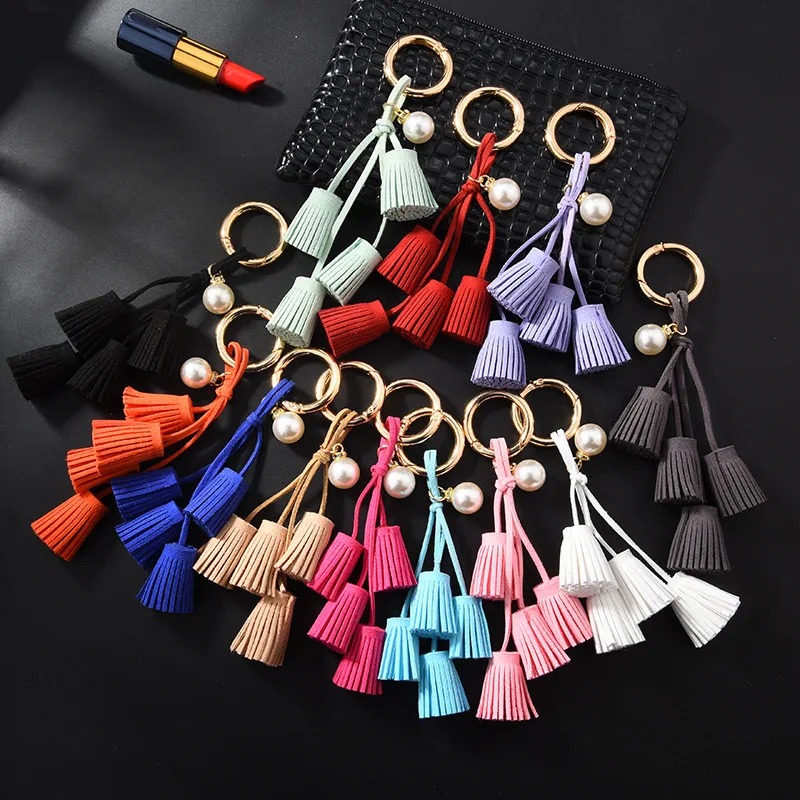 

Korean Velvet 4 Tassels Key Chain Pearl Key Ring for Women Girl Bag Car Pendent Leather Tassel Key Chain Xmas Girl Gift