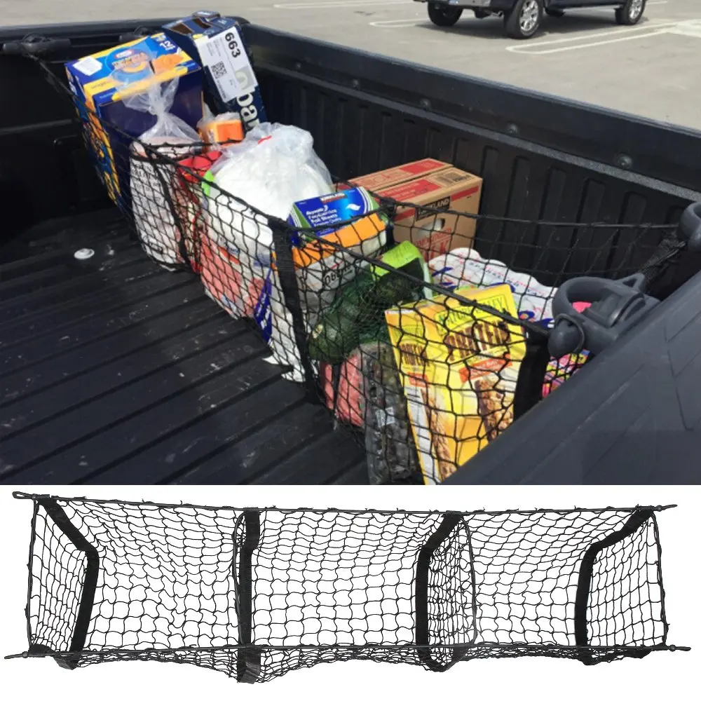 Big Size 112 x 30 x 30 CM Car Pickup SUV Trunk Cargo Organizer Storage Net 3 Pocket Grid Luggage Bag Durable Expandable Mesh