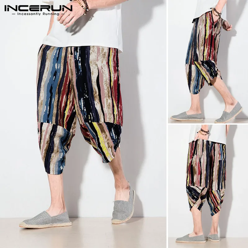 

Men Color Striped Print Cropped Pants Men's Wide Crotch Harem Trousers Colorful Loose Baggy Wide-legged Bloomers S-5XL INCERUN