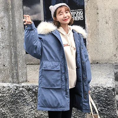 blue Повседневная Женская парка, пальто, зимнее корейское толстое меховое хлопковое пальто с капюшоном, женская модная парка с карманами размера плюс, женская уличная одежда - Цвет: blue
