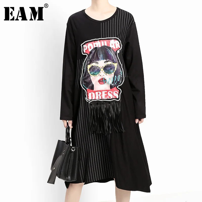 

[EAM] Women Pattern Print Nailed Temperament Dress New Round Neck Long Sleeve Loose Fit Fashion Tide Spring Autumn 2020 1H863