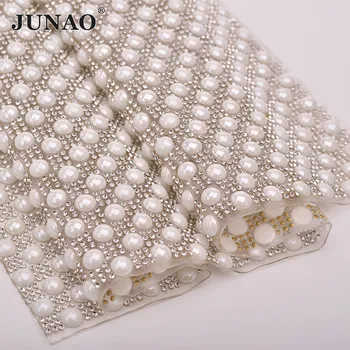 

JUNAO 24*40mm Hotfix White Pearl Rhinestones Mesh Fabric Crystal Trim Pearl Beads Applique Strass Ribbon Band For DIY Shoes Bag