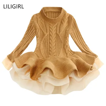 

LILIGIRL Autumn winter Baby Girls Long Sleeve Sweater Cute Dress Pullover Knitted Keep warm Outerwears Puff Princess Dresses