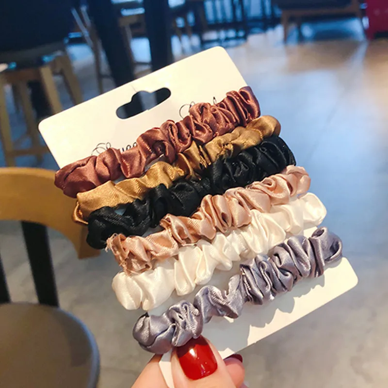

Women Simple Faux Silk Plain Thin Elastic Hair Bands Set Elegant Shining Solid Color Rubber Bands Basic Stretch Hair Gums