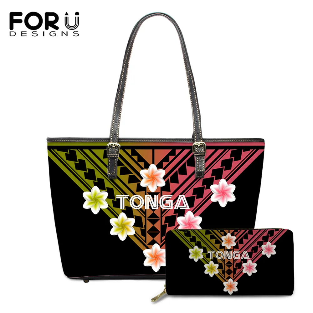 

FOURDESIGNS Gradient Polynesian Tonga Printing Brand Design Women Luxury Handbag And Wallet 2Set Ladies Pu Leather Crossbody Bag