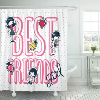 

Cute Girls and Fruits Patch Text Best Friends Shower Curtain Waterproof Polyester 72 x 78 inches Set with Hooks