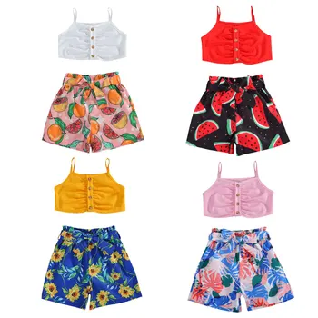 

2020 Baby Summer Clothing Toddler Baby Girls Clothes Button Front Halter Crop Tops + Print Short Pants 2Pcs Outfits Set