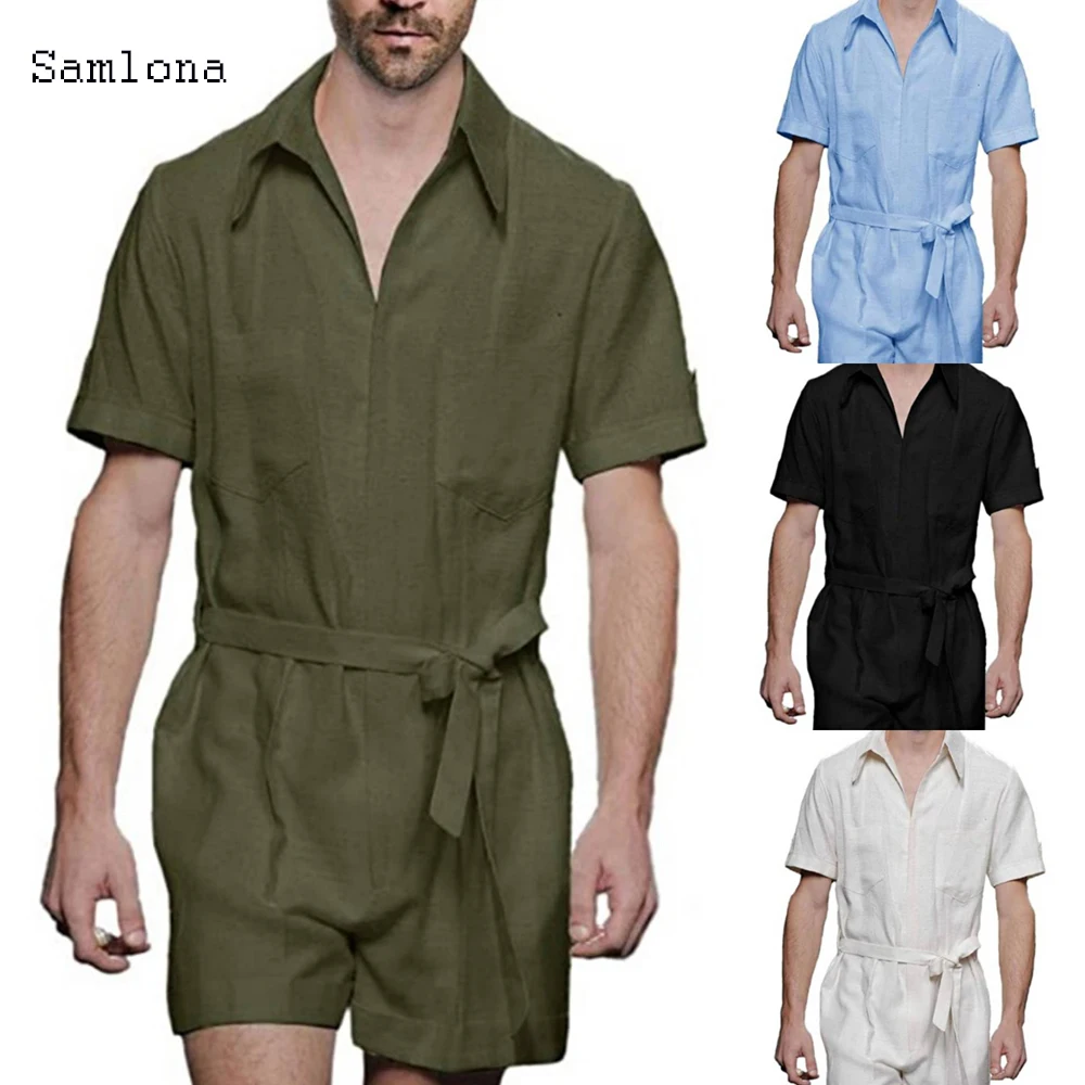 

New 2020 Jumpsuit Mens Casual Flax Material Short Sleeve Rompers Fashion Solid Color Overall Zipper Romper Waistband Short Pants
