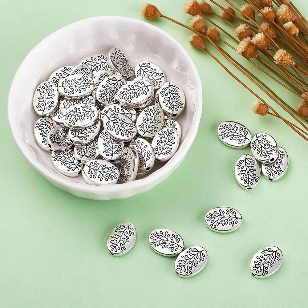 50 шт. античные серебряные плоские овальные тибетские стильные бусины для сережек, браслетов, ожерелья. Отверстие: 1,5 мм 14x10x3 мм
