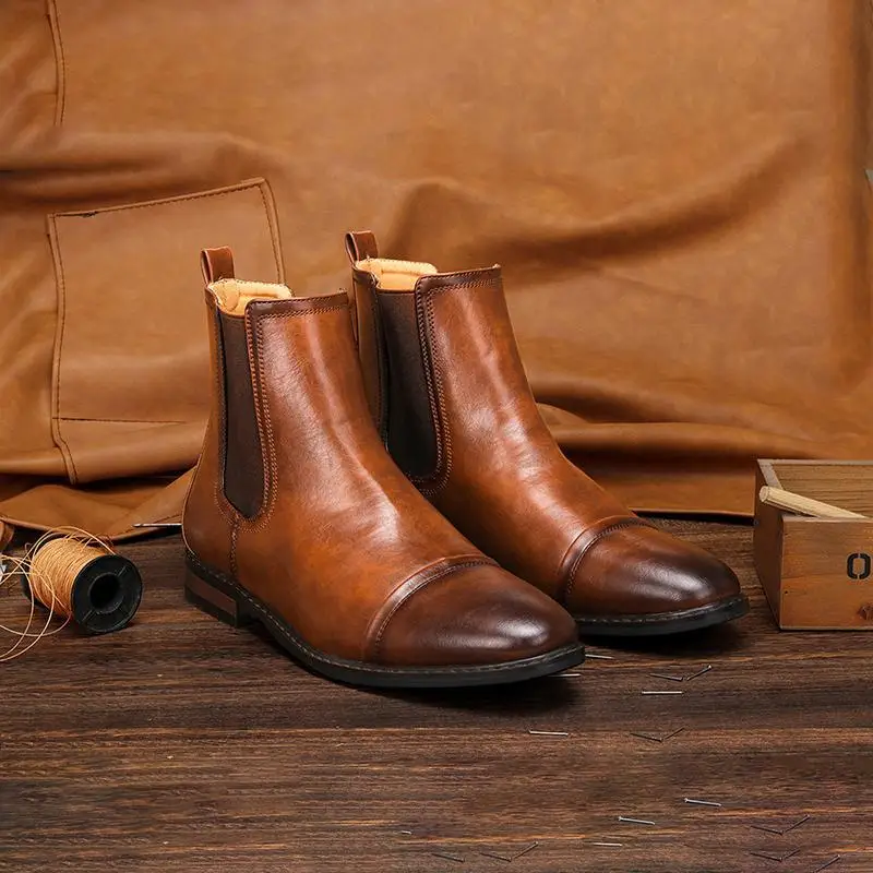 

New Fashion Men Pu Leather Low Heel Slip-on Shoe Casual Ankle High Quality Boots Casual Classic Male British Chelsea Boots 4M190