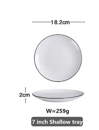 18.2cm Shallow tray Керамические обеденные тарелки, белые блюда, черная инкрустация, кухонная посуда, блюда для еды, рисовый салат, лапша, миска, суп, кухонные принадлежности - Цвет: 18.2cm Shallow tray