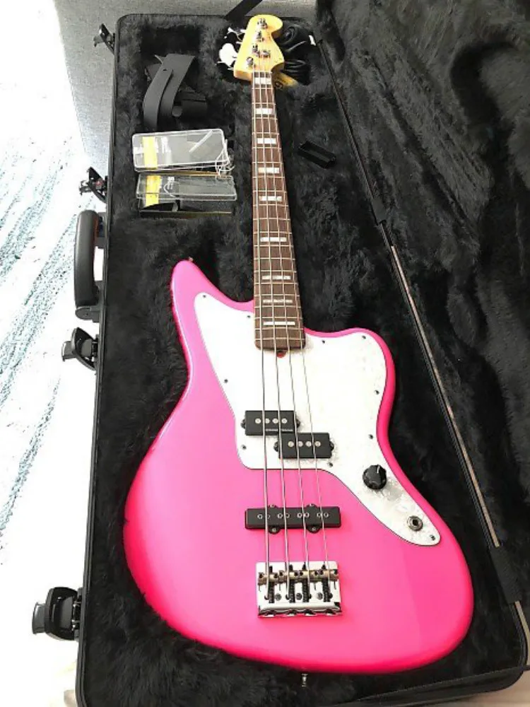 Top quality FPOB-068 Pink color solid body white pickguard rosewood fretboard juguar electri cbass guitar Free shipping | Спорт и