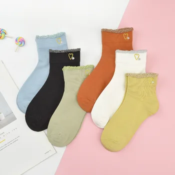 

New Products Socks Solid Color Pure Cotton Lace Bamboo Cotton Embroidered Female Tube fu cu.colour Frilled WOMEN'S Socks Manufac