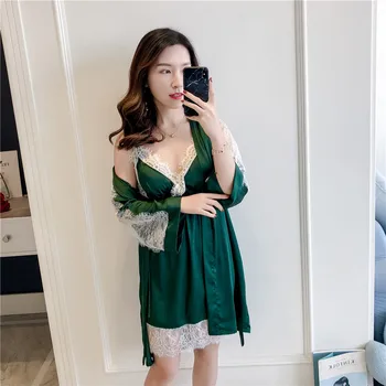 

Women Summer Smooth Condole Belt Nightgown Lovely Pajamas Ice Silk Sexy Lace Long Sleeve Sleepwear Two Pieces Пижама Женская