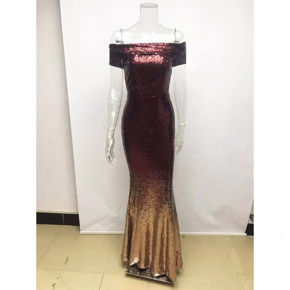 Autumn Club Party Dresses One Word Lead Shoulder Long Dress Sexy Paillette Dress Bling Sequin Gradient Winter Maxi Dresses