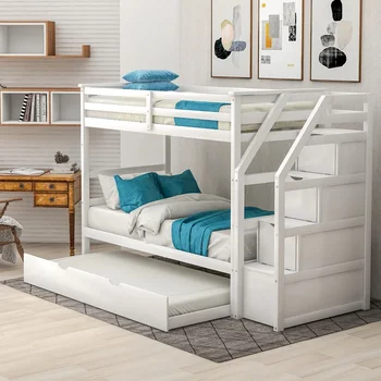 

Twin-Over-Twin Bunk Bed With Twin Size Trundle And 3 Storage Drwers (White)