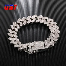 US7 микро проложили кубический циркон 15 мм кубинские звенья цепи Браслет Bling хип-хоп ювелирные изделия AAA CZ медные кубинские цепи браслеты 7-8 дюймов