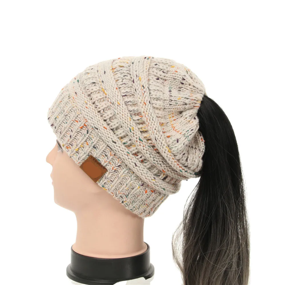 25 цветов конфетти Ponytai l Beani e для вязаный бюстгальтер шапка Skullies Beanies теплая шапка s Женская вязаная Стильная шапка с биркой - Цвет: Beige