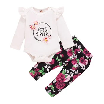 

Infant Baby Girls 2PCS Romper Ruffle Long Sleeve Round Neck Button Closure Romper, Elastic Band Bell-Bottom Long Pants Set