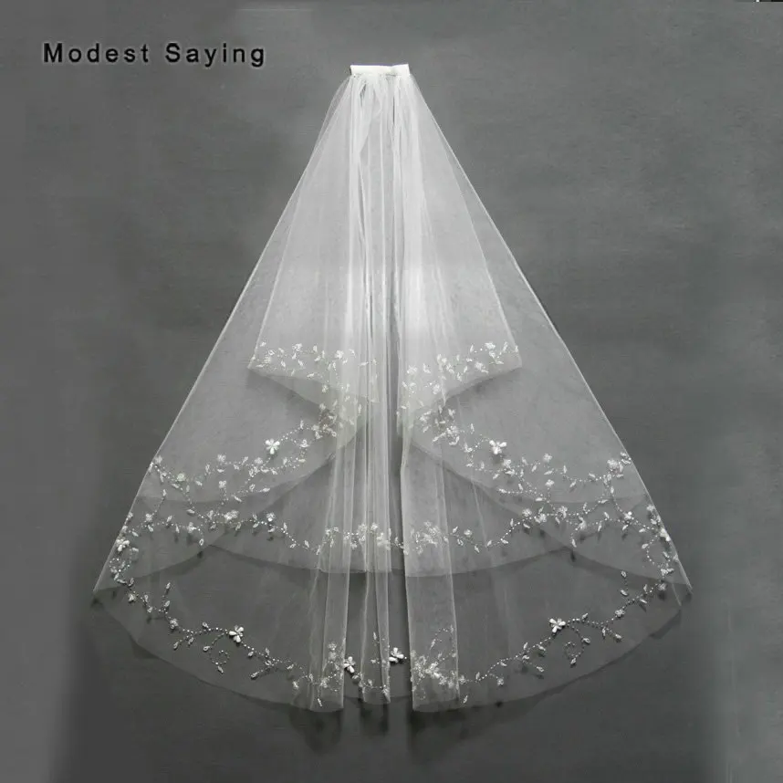 Wholesale Delicate Around 90cm Short 2 Layers Beaded Edge Wedding Veils