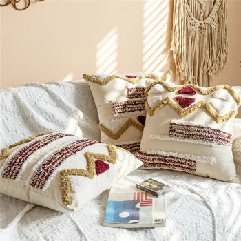 

45x45cm Rosia Moroccan Style Tufted Pillow Case Cotton Canvas Embroidered Tassel Sofa Cushion Cover