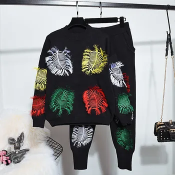 

Female Set 2020 Autumn Winter Black Knitting Suit Tassel Embroidery Loose Knitted Sweater Long Pencil Pants Women Two Piece Set