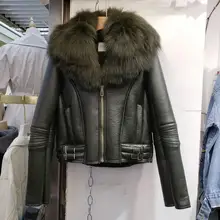 Женская кожаная куртка с воротником из лисьего меха, пальто из искусственного меха ягненка, верхняя одежда из искусственной кожи, короткое пальто