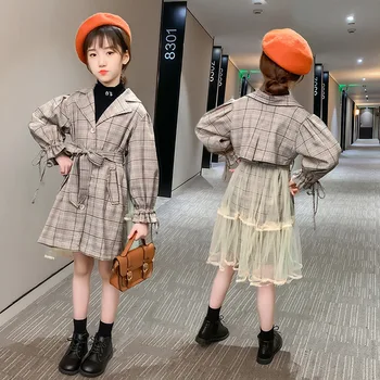 

Teen Girls Trench 2020 Autumn New Single-breasted Mesh Stitching Plaid Windbreaker Jacket Fashion Girls Outwears Kids Clothes
