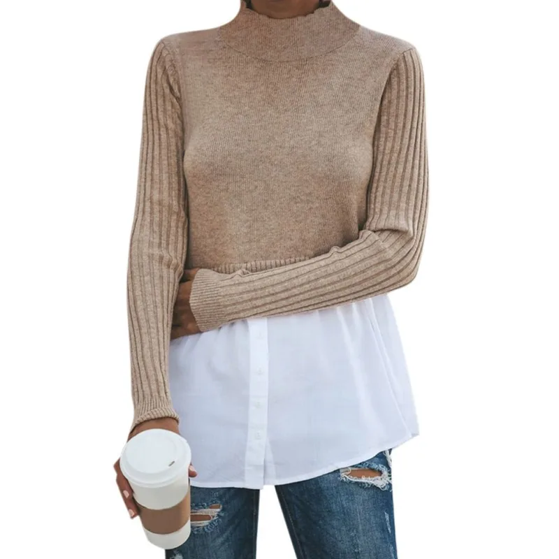 

Women Button Knit Stitching Sweater Autumn Winter Patchwork Casual Long-Sleeved Sweater