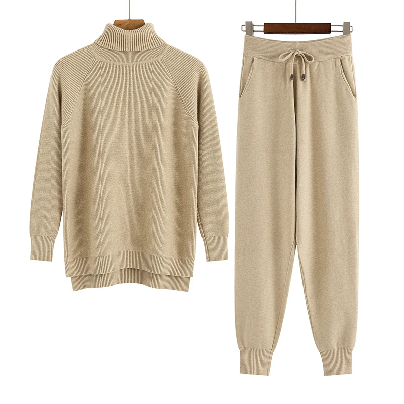 Pieces Set Women Knitted Tracksuit Turtleneck