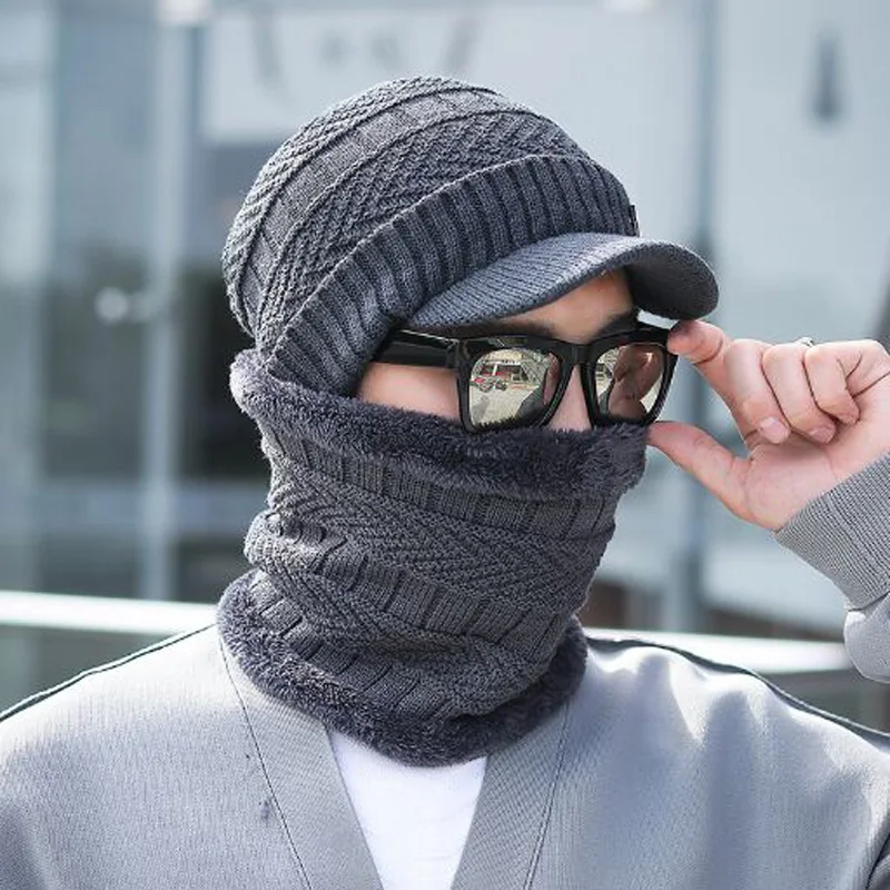XEONGKVI Korean Winter Warm Duck tongue Knitted Cap Scarf Two-piece Set Brand Skullies Beanies Pompom Men Woolen Hat