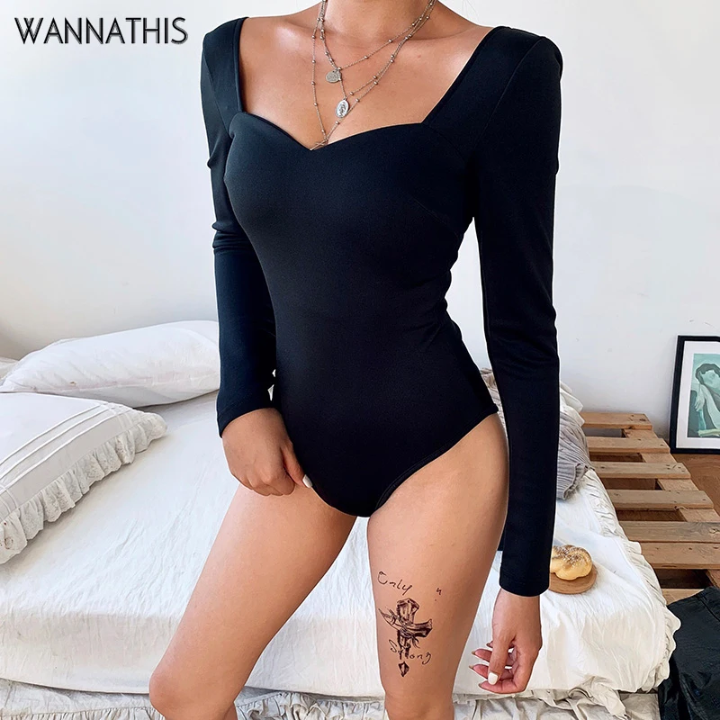 WannaThis, черный облегающий боди с длинным рукавом и квадратным вырезом, сексуальный эластичный женский модный осенний однотонный элегантный Облегающий комбинезон для девушек