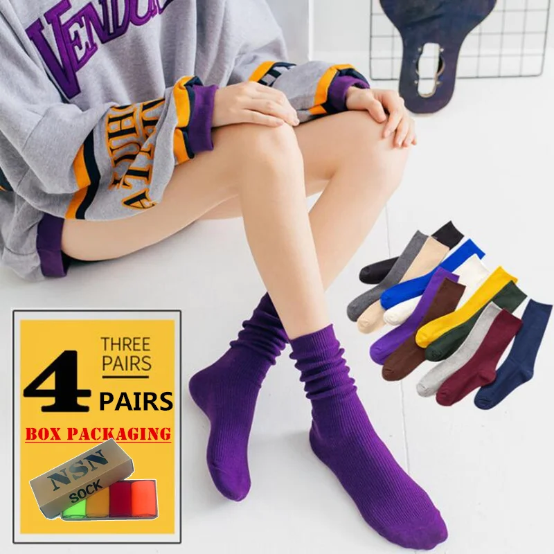 Цвет Харадзюку Ретро женские хлопковые свободные носки зимние в трубке корейские фиолетовые желтые дизайнерские рождественские милые 4 пар/кор