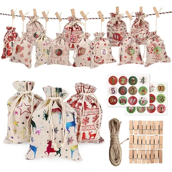 

24Pcs Christmas Cloth Bags Advent Christmas Calendar Filling Yellow Linen Candy Bags Gift With 24 Numbers Stickers