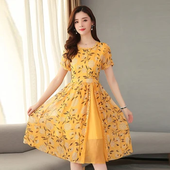

New Floral Chiffon Yellow Dress Women Casual Fashion Patchwork Short Sleeve Dress Summer Beach Ladies Vintage Robe Femme S-XXL