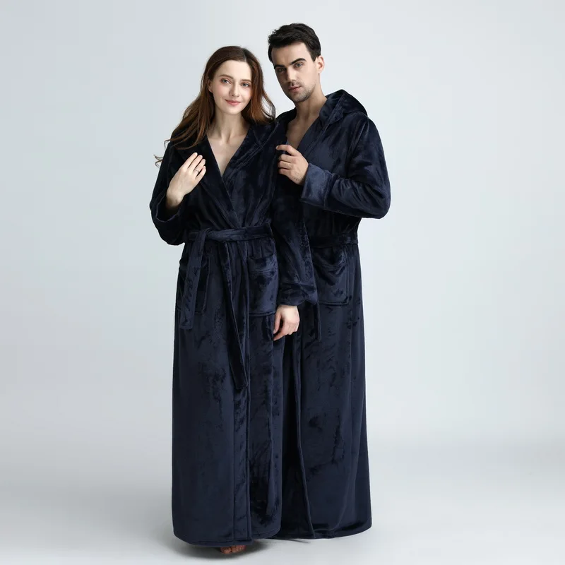 Women Men Winter Plus Size Flannel Bathrobe Extra Long Hooded Warm Lovers Thick Kimono Bath Robe Cozy Coral Fleece Dressing Gown women sleepwear cotton bathrobe