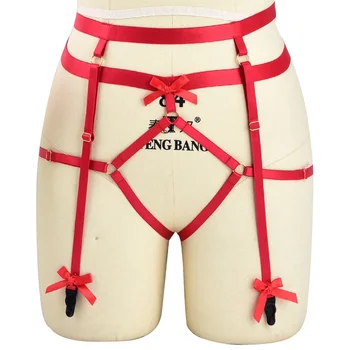 

Red Bow Garter Belts Elastic Plus Size Body Harness Strap Stockings Harajuku Gothic Fetish Hollow Out Night Clubs Dance Lingerie