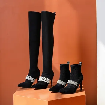 

Womens Pointy Toe Stretchy Over The Knee Thigh&Ankle Boots Pearls Rhinestones Band Stilettos High Heel Shoes Real Leather Black