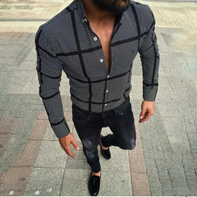 

2020 Men Fashion Casual Long Sleeved Printed Grid shirt Slim Fit Male Social Business Dress Shirt Men Clothing Soft Comfortable