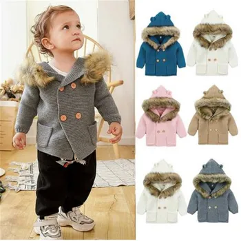 

Newborn Baby Boy Girl Knit Hooded Coat Fur Collar Jacket Clothes Autumn Winter Warm Long Sleeve Double-breasted Coat