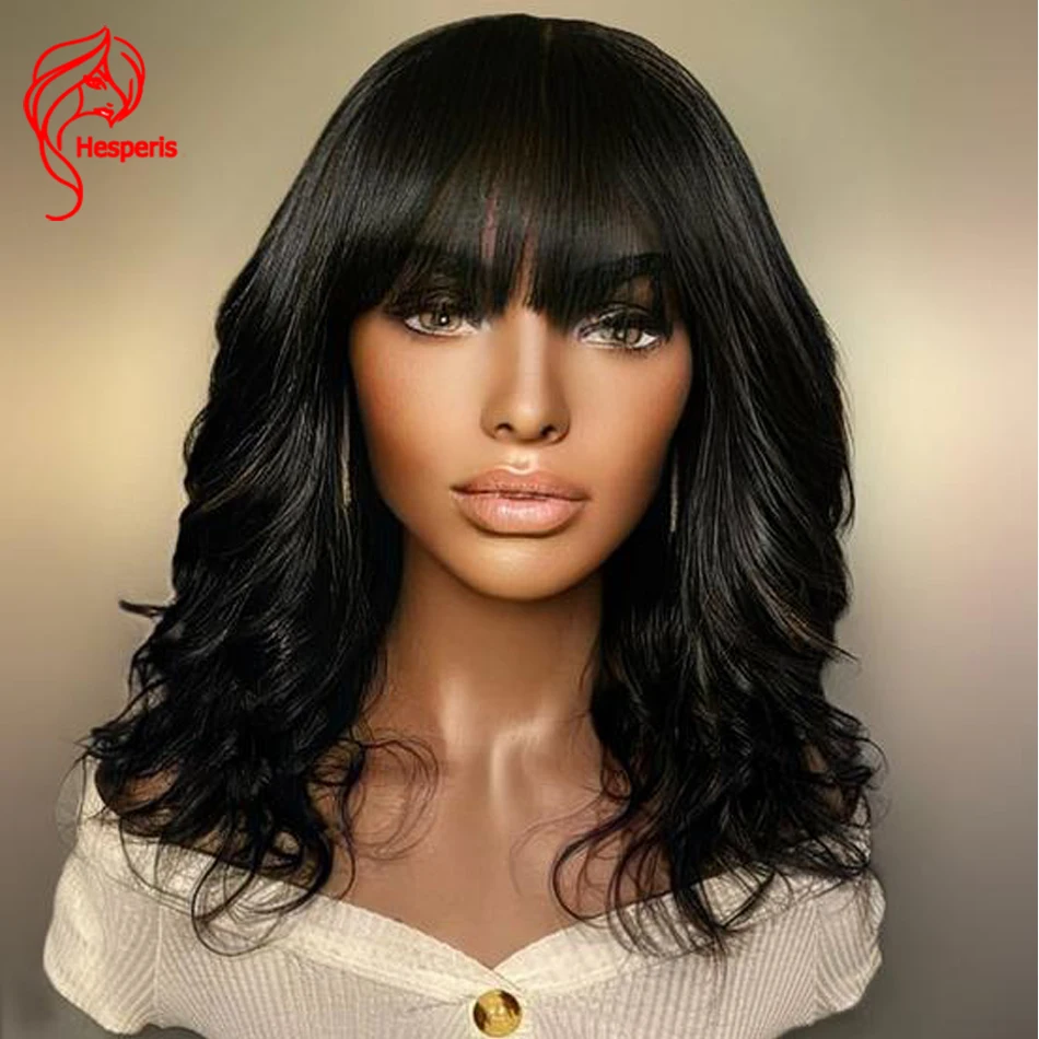 Hesperis 150% Short Human Hair Wig With Bangs Indian Natural wave wigs bob  scalp top Full Machine Made Wigs Remy Hair For Women