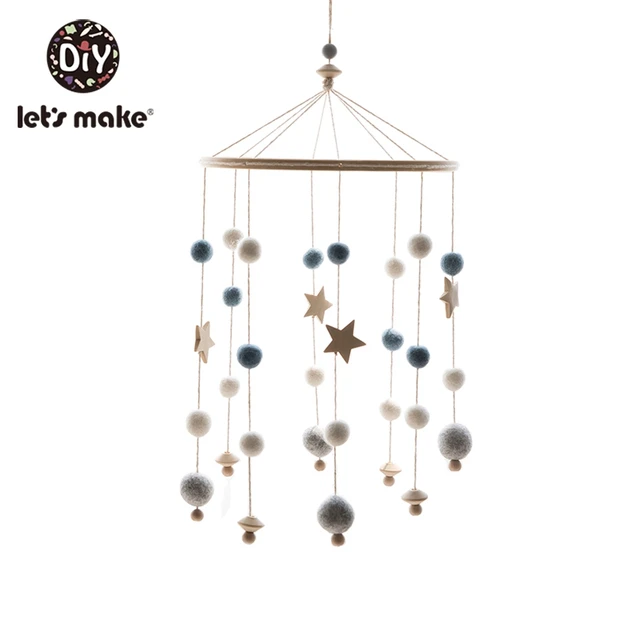Let'S Make Wood Baby Bed Toys Gift Crib Mobile Infant Room Stroller Music Baby Felt Wool Ball Rattles Wooden Teether Toys Blue Ball