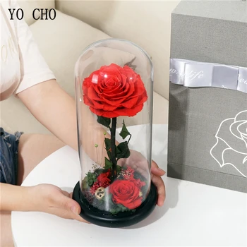 

YO CHO Real Rose Everlasting Preserved Rose Flower Christmas Valentine Gift Glass Dome Immortal Flower Gift Wedding Room Decor
